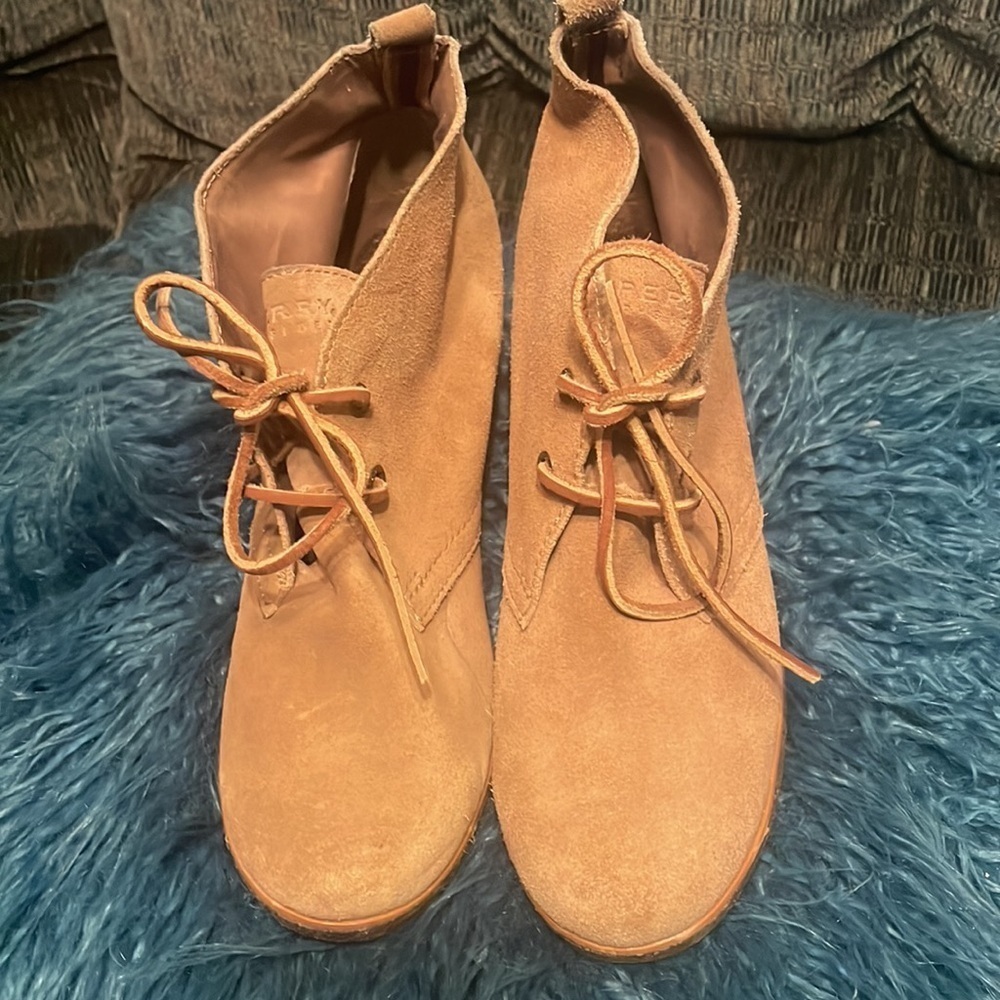 Sperry Top-Sider Harlow Shoes Cognac Leather Ankle Wedge Boot - Picture 2 of 5
